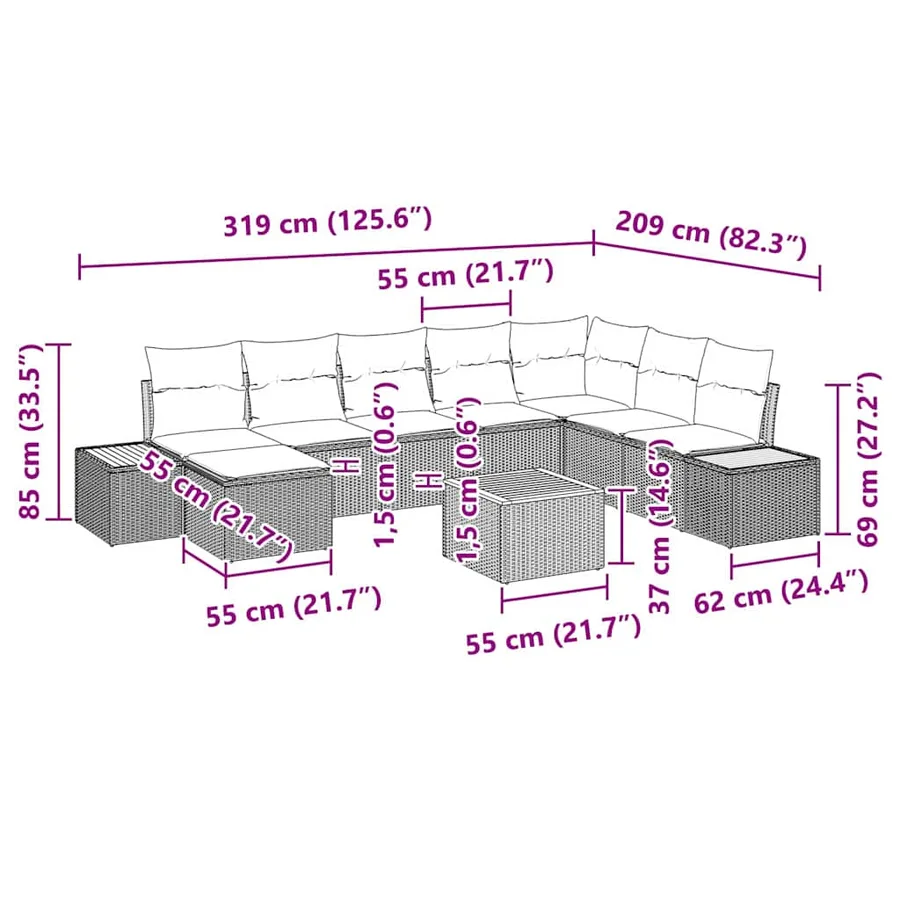 Ensemble de canapé de jardin 9 pcs Noir et Crème Polyrotin - 15