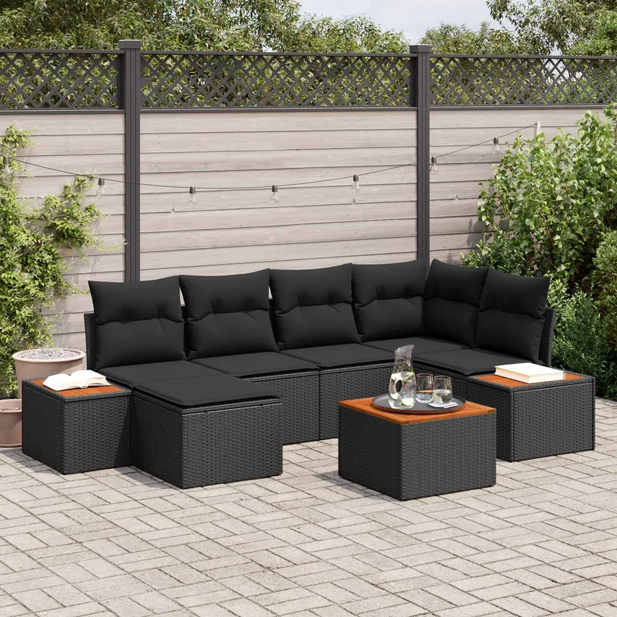 Ensemble de canapé de jardin avec coussin 7 pcs Noir Polyrotin