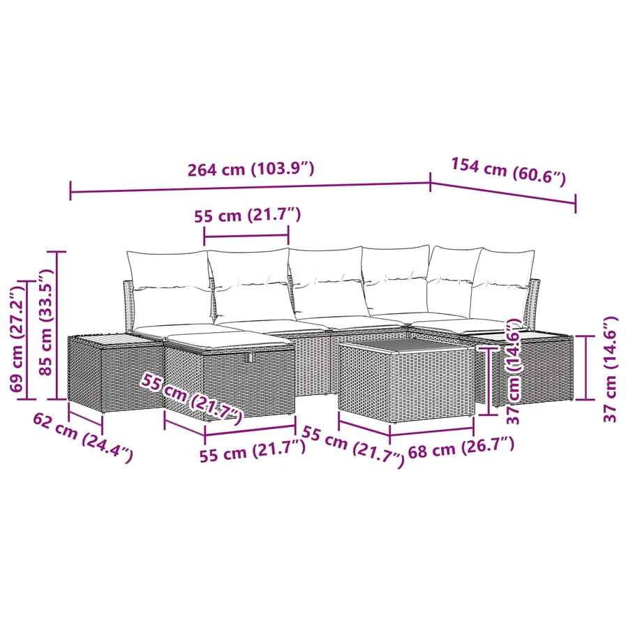 Ensemble de canapé de jardin 7 pcs Noir 55 x 62 x 69 cm - 15