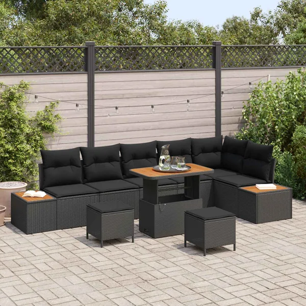 Ensemble de canapé de jardin avec coussin 9 pcs Noir Poly rotin