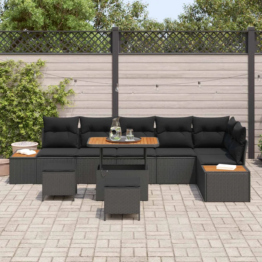 Ensemble de canapé de jardin avec coussin 9 pcs Noir Poly rotin - 3