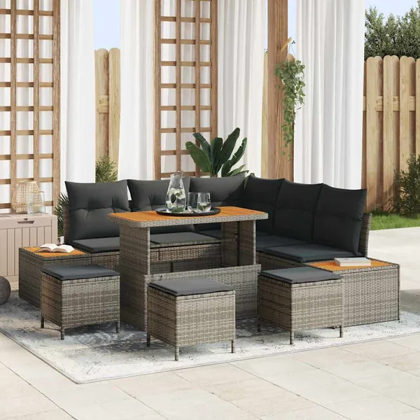 Ensemble de canapé de jardin avec coussin 9 pcs Gris Poly rotin