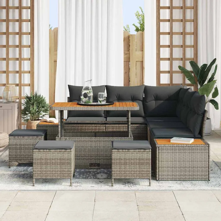 Ensemble de canapé de jardin avec coussin 9 pcs Gris Poly rotin - 3