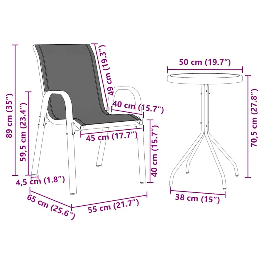 Ensemble bistro de jardin 3 pcs Noir Acier - 12