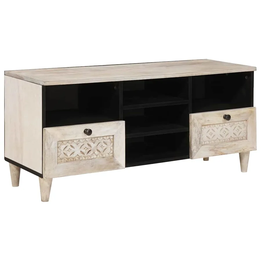 Meuble TV Blanc Blanchi 100 x 33 x 46 cm Bois de mangue massif