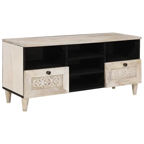 Meuble TV Blanc Blanchi 100 x 33 x 46 cm Bois de mangue massif