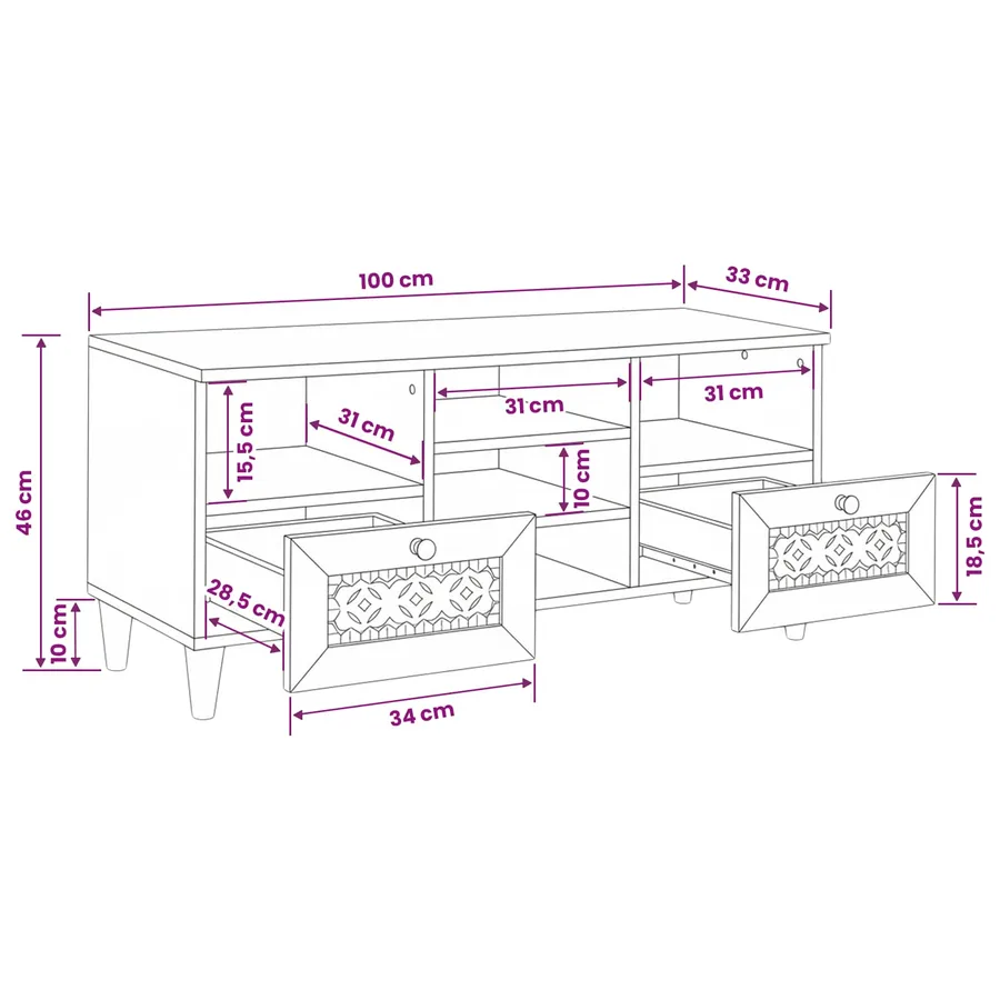 Meuble TV Blanc Blanchi 100 x 33 x 46 cm Bois de mangue massif - 11