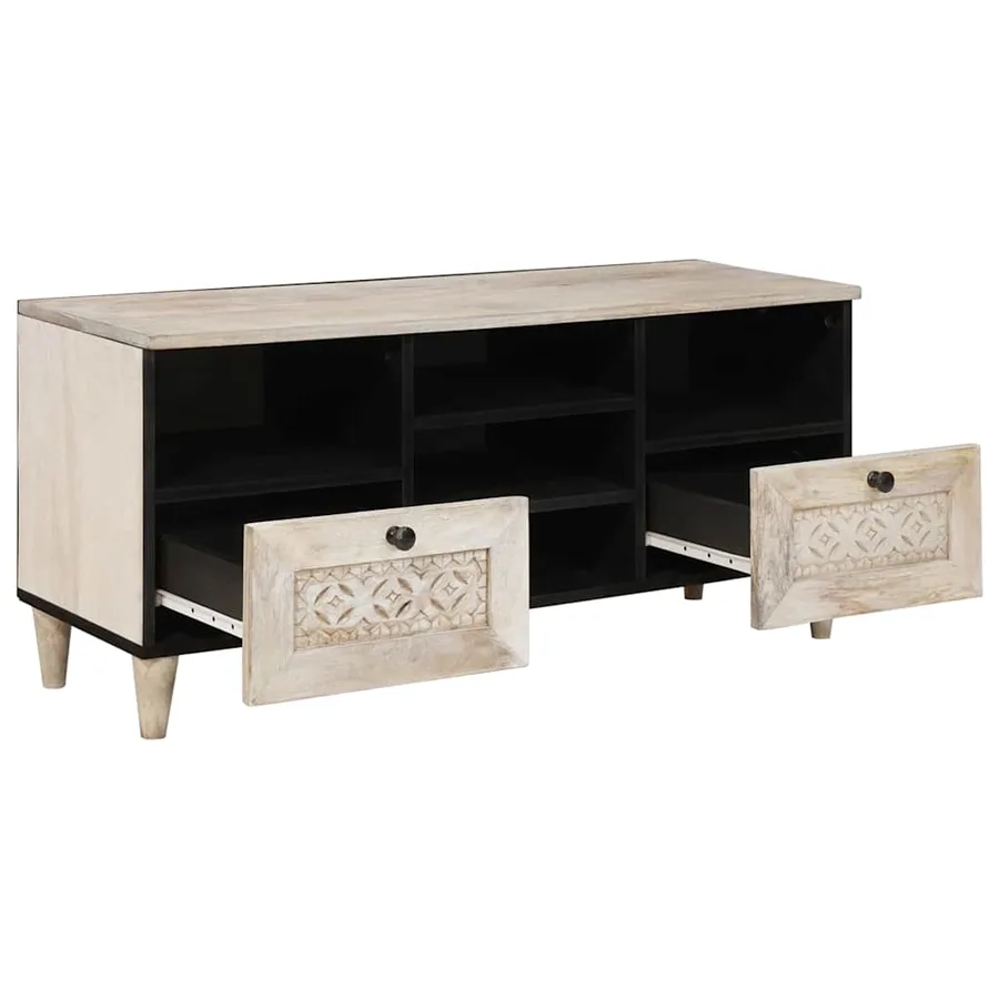 Meuble TV Blanc Blanchi 100 x 33 x 46 cm Bois de mangue massif - 2