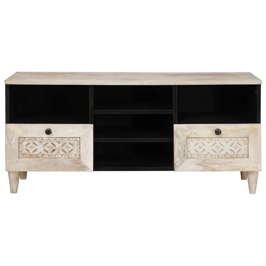 Meuble TV Blanc Blanchi 100 x 33 x 46 cm Bois de mangue massif - 3