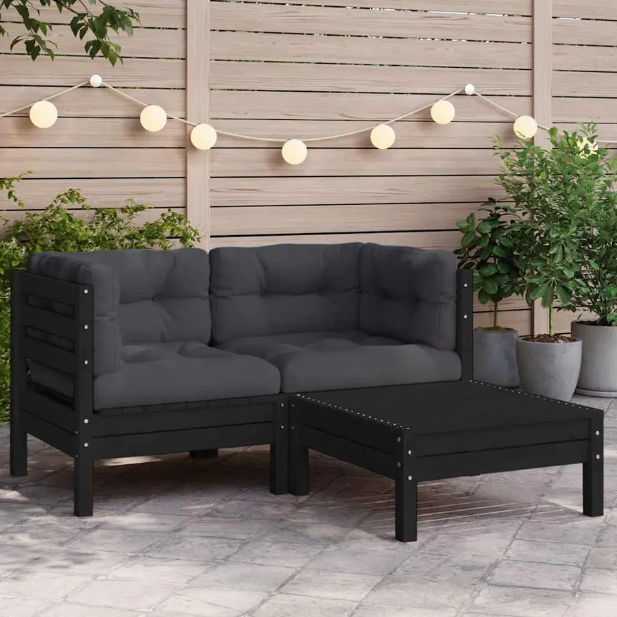 Salon de jardin 3 pcs avec coussins Noir Bois de pin massif