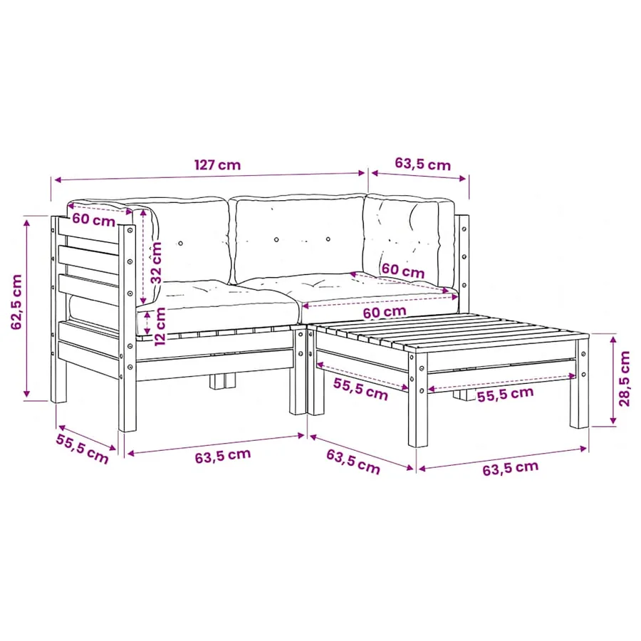 Salon de jardin 3 pcs avec coussins Noir Bois de pin massif - 12
