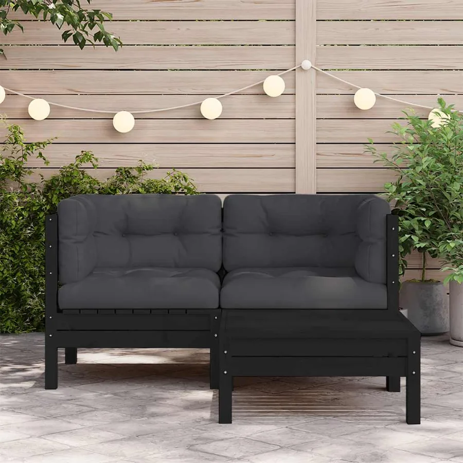 Salon de jardin 3 pcs avec coussins Noir Bois de pin massif - 3