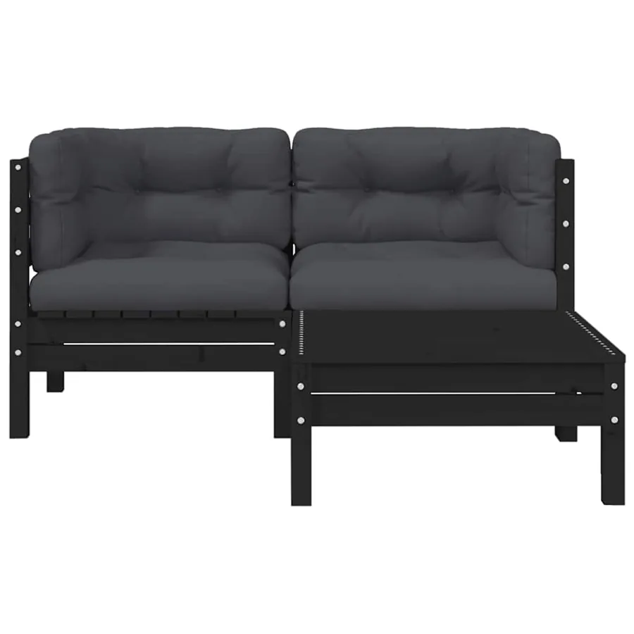 Salon de jardin 3 pcs avec coussins Noir Bois de pin massif - 5