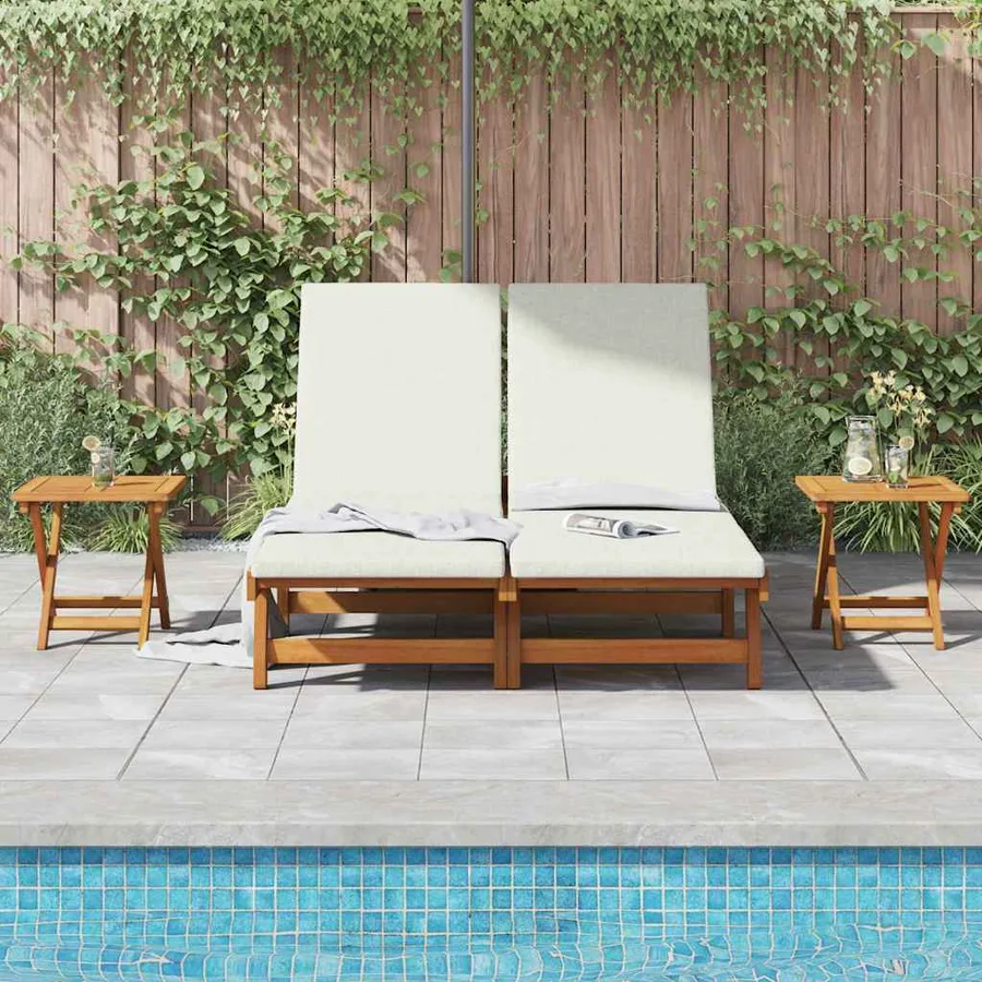 Transat avec coussin Blanc crème Bois d'Acacia Massif - 3