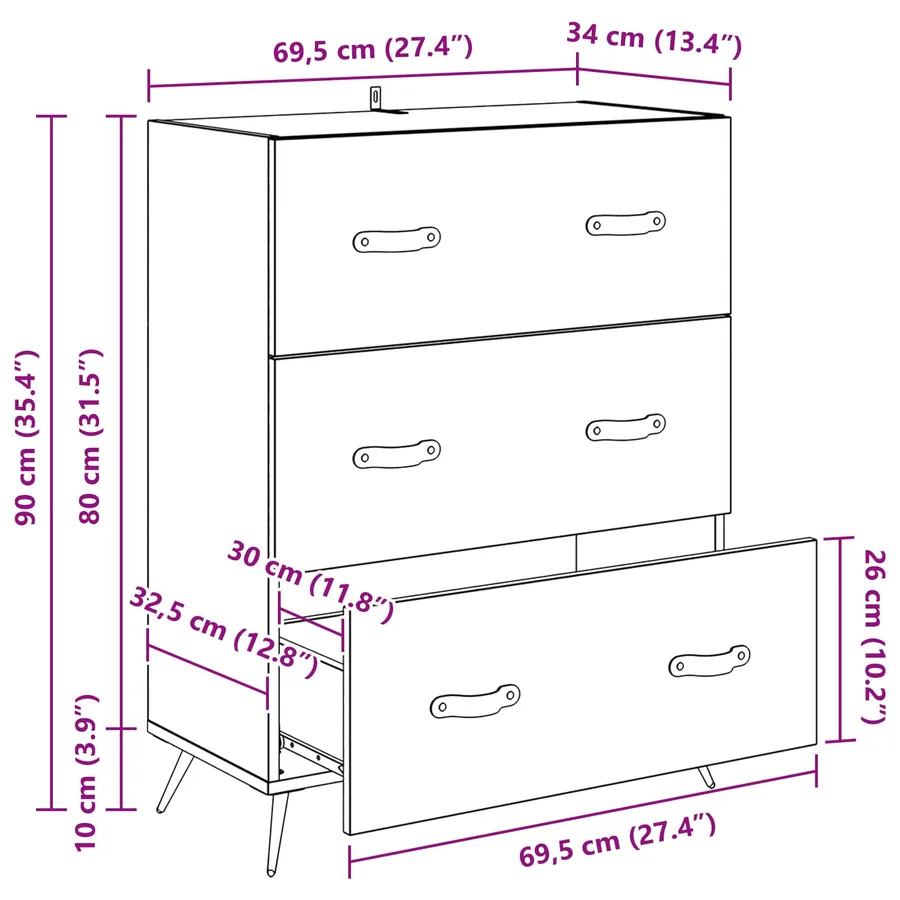 Commode 3-Tiroir Chêne Artisanal 69,5 x 34 x 90 cm - 15