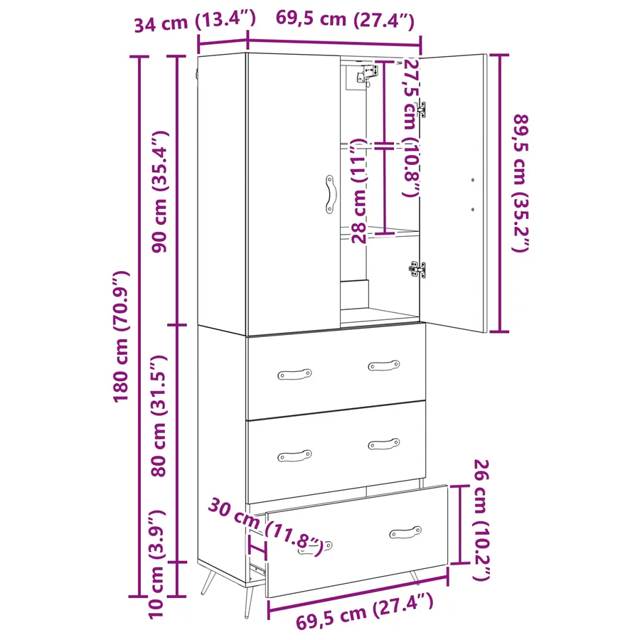 Haut Armoire Bois Ancien 69,5 x 34 x 180 cm Bois d'ingénierie - 14