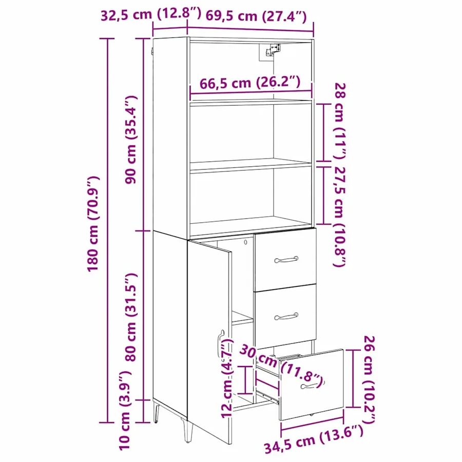 Haut Armoire Chêne noir 69,5 x 34 x 180 cm Bois d'ingénierie - 14