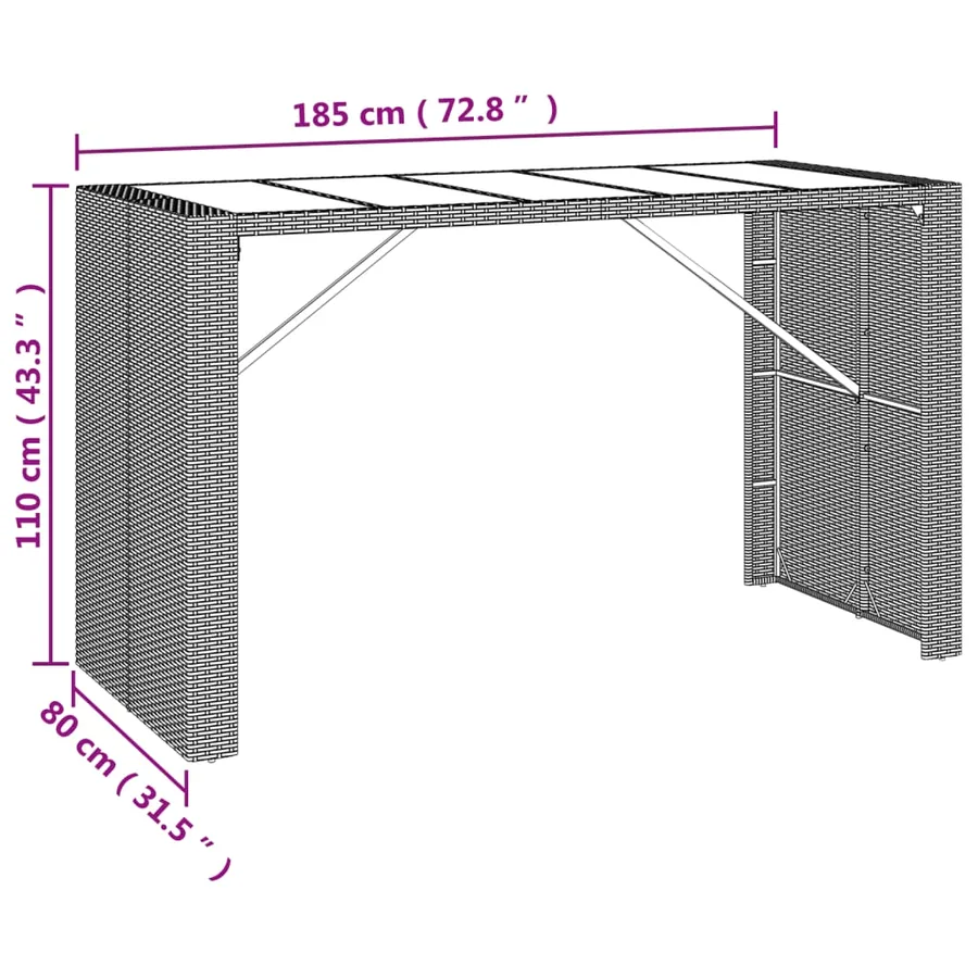Table de bar et dessus en verre marron 185x80x110 cm poly rotin - 6