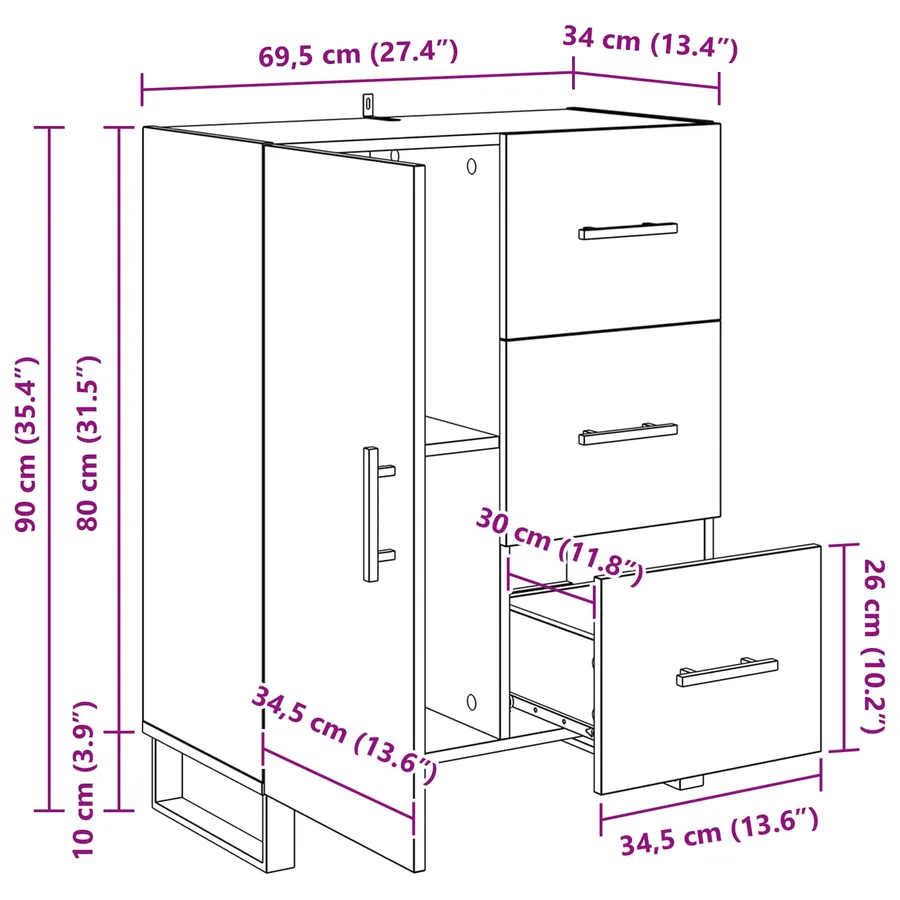 Buffet Chêne noir 69,5 x 34 x 90 cm Bois d'ingénierie et fer - 13