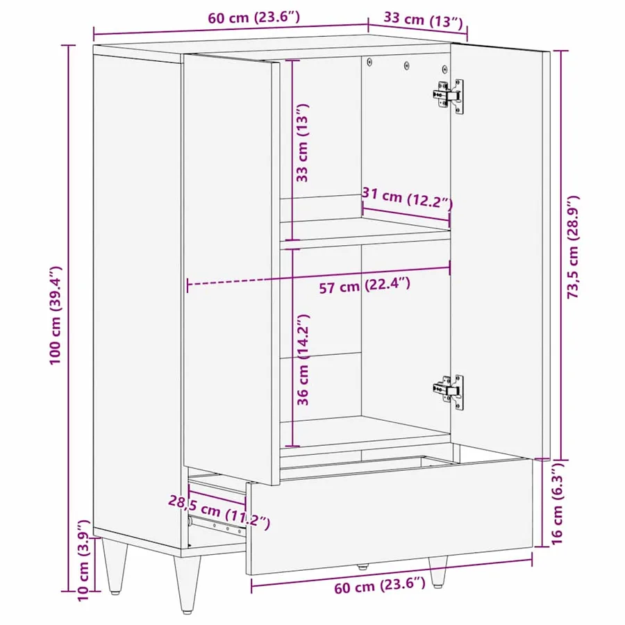 Haut Armoire Noir 60 x 33 x 100 cm Bois de mangue massif - 12