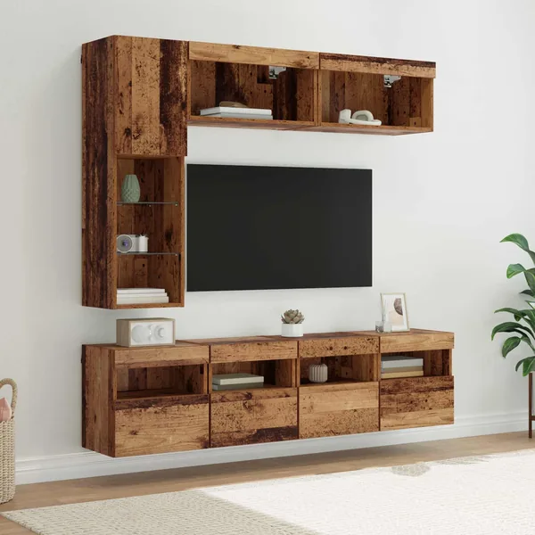 Meuble TV avec LED 7 pcs Bois ancien Bois d'ingénierie