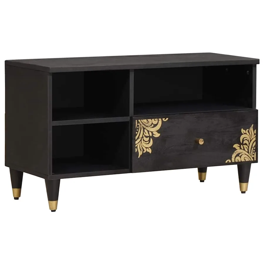 Meuble TV Noir 80 x 33 x 46 cm Bois de mangue massif