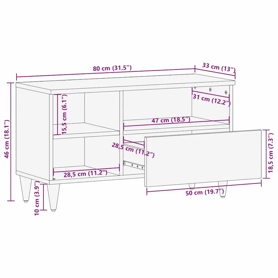 Meuble TV Noir 80 x 33 x 46 cm Bois de mangue massif - 12
