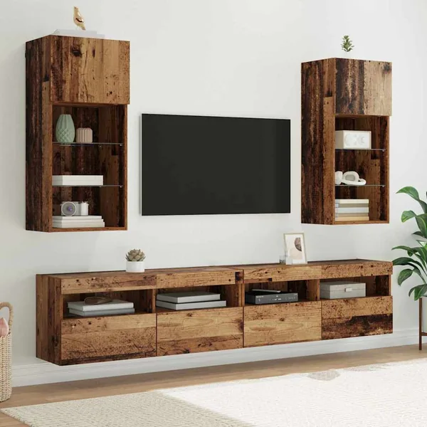 Meubles TV muraux avec LED 2 pcs Bois ancien 40,5 x 30 x 90 cm