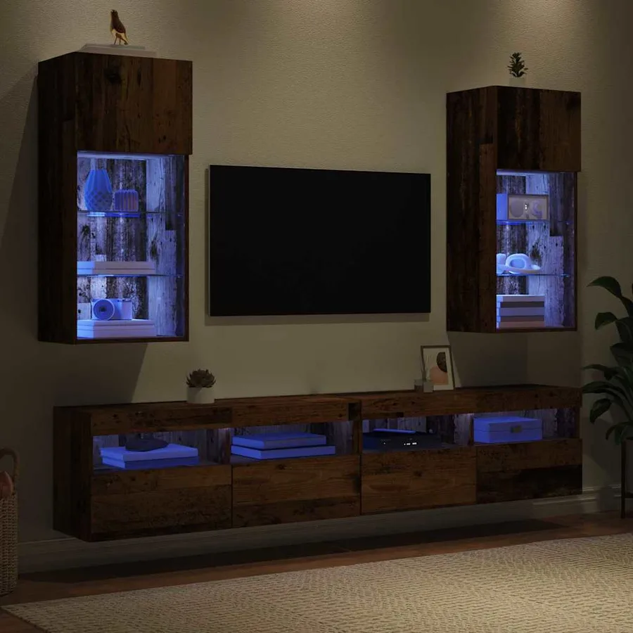 Meubles TV muraux avec LED 2 pcs Bois ancien 40,5 x 30 x 90 cm - 5
