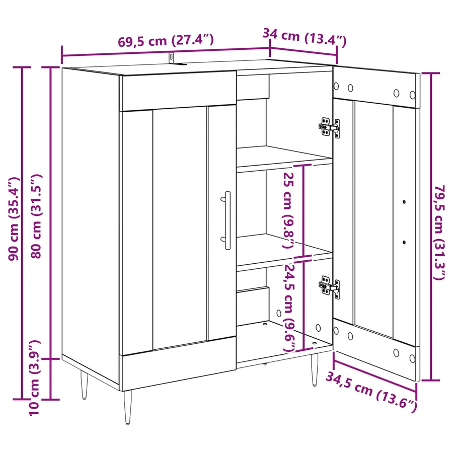 Buffet Chêne noir 69,5 x 34 x 90 cm Bois d'ingénierie et fer - 14