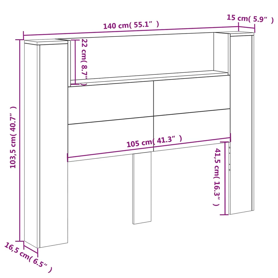 Tête de lit de rangement avec LED Gris béton Bois d'ingénierie - 13