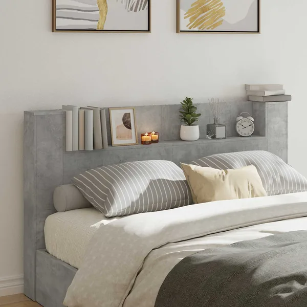 Tête de lit de rangement avec LED Gris béton Bois d'ingénierie
