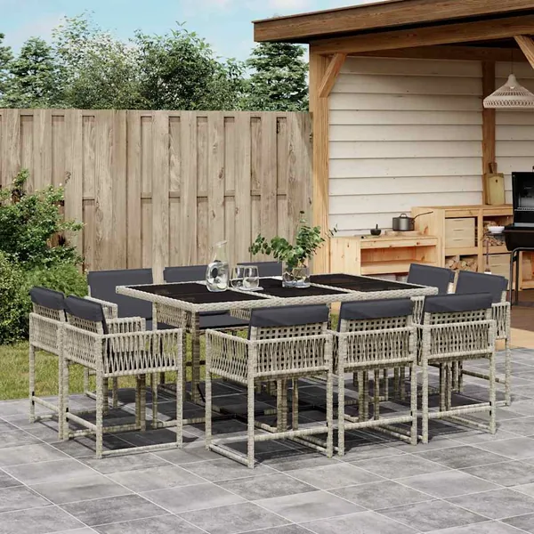 Ensemble à manger de jardin 11pcs avec coussins gris poly rotin