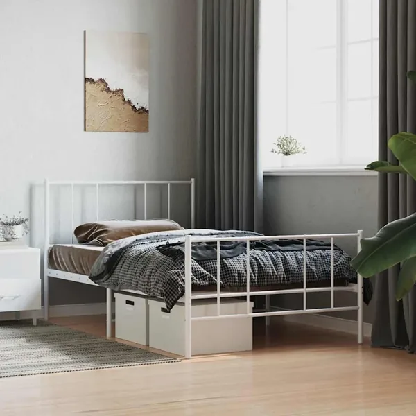 Cadre de lit métal sans matelas avec pied de lit blanc 80x200cm