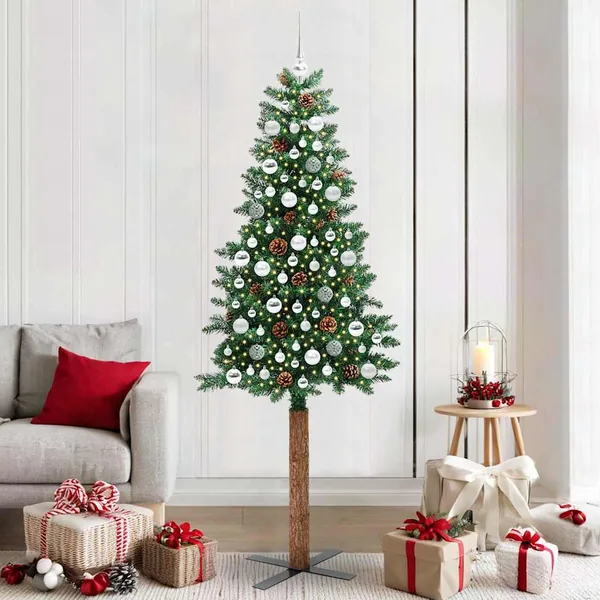 Sapin de Noël mince Vert 210 cm PVC et bois de pin massif
