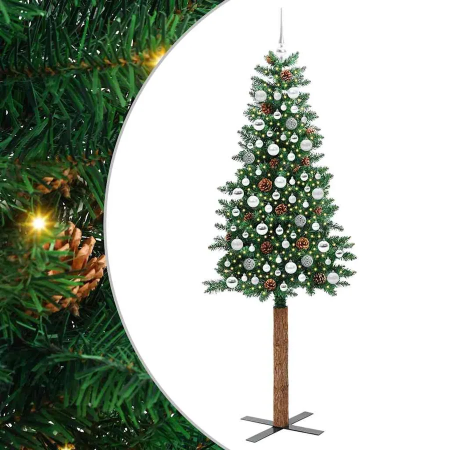 Sapin de Noël mince Vert 210 cm PVC et bois de pin massif - 2