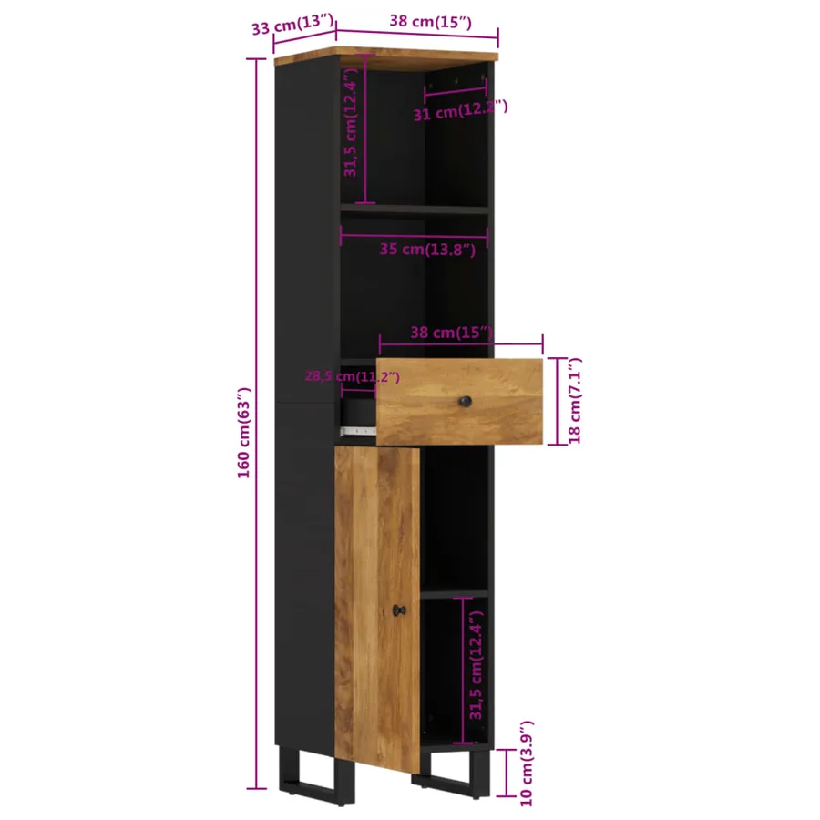 Armoire de salle de bain 38x33x160 cm bois massif de manguier - 11