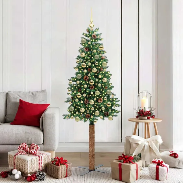 Sapin de Noël mince Vert 180 cm PVC et bois de pin massif