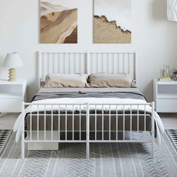 Cadre de lit métal sans matelas et pied de lit blanc 135x190 cm