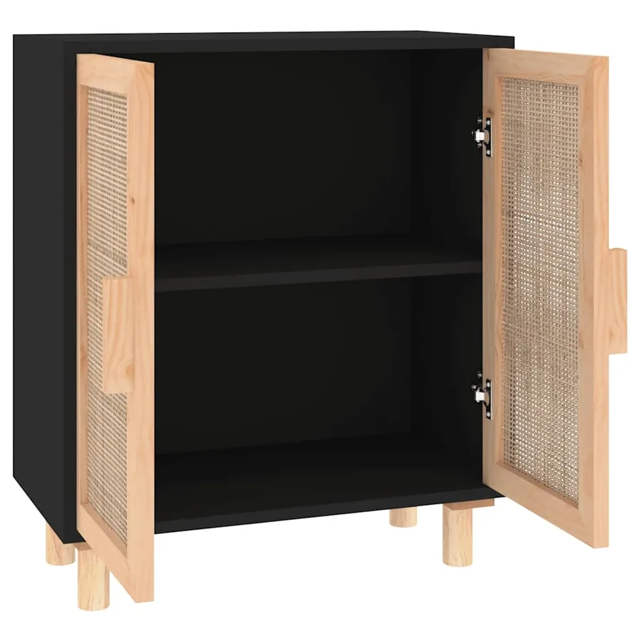 Buffet Noir 60x30x70 cm Bois de pin massif et rotin naturel - 5