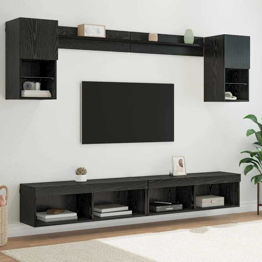 Unités murales TV avec LED 6 pcs Chêne noir Bois d'ingénierie