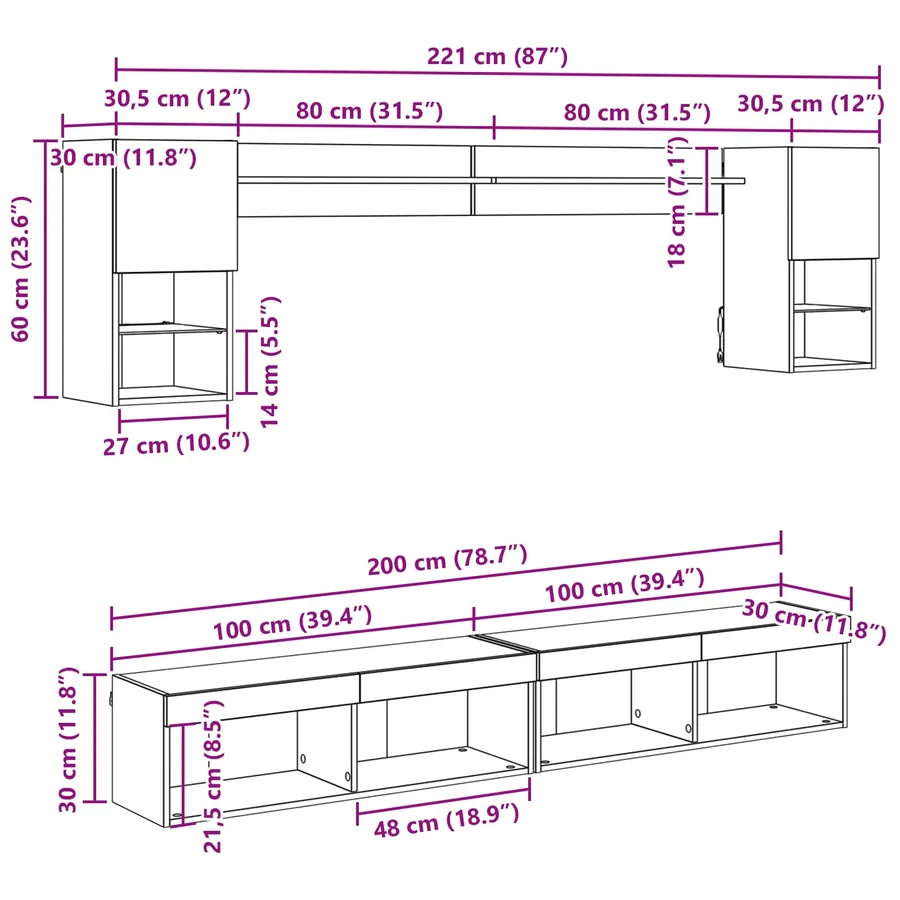 Unités murales TV avec LED 6 pcs Chêne noir Bois d'ingénierie - 16