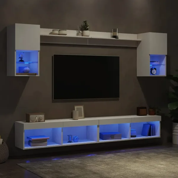 Unités murales TV avec LED 6 pcs blanc bois d'ingénierie