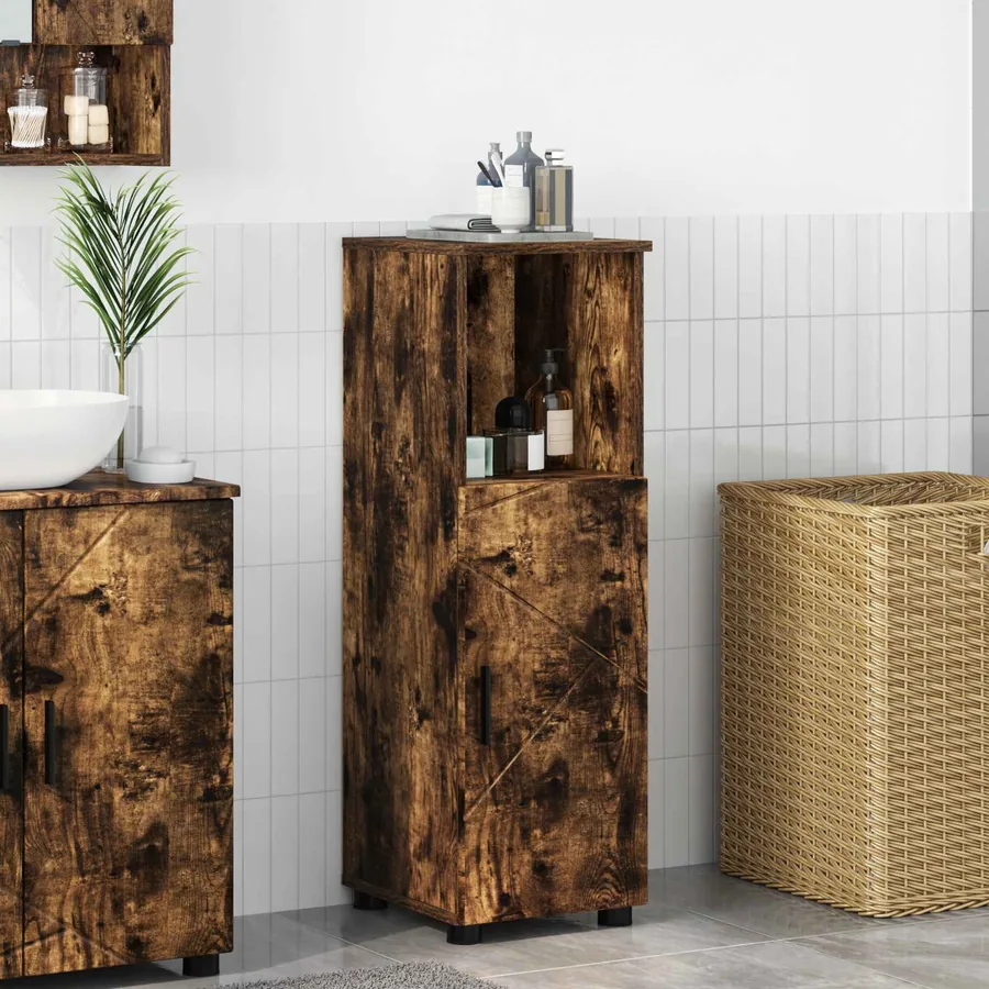 Cabinet de salle de bain avec porte Chêne fumé 30 x 35 x 95 cm