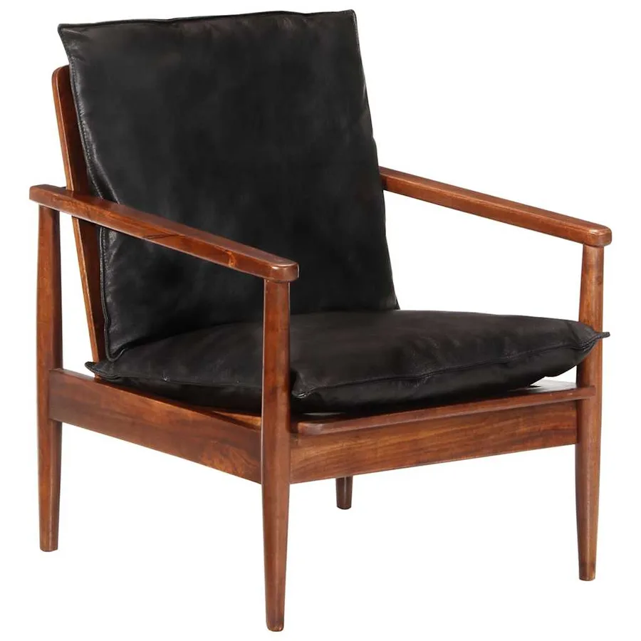 Fauteuil noir cuir véritable et bois d'acacia solide - 2