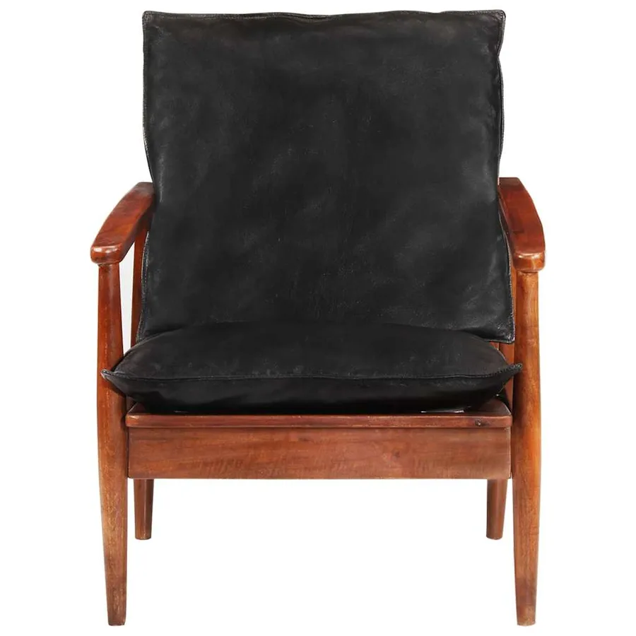 Fauteuil noir cuir véritable et bois d'acacia solide - 4