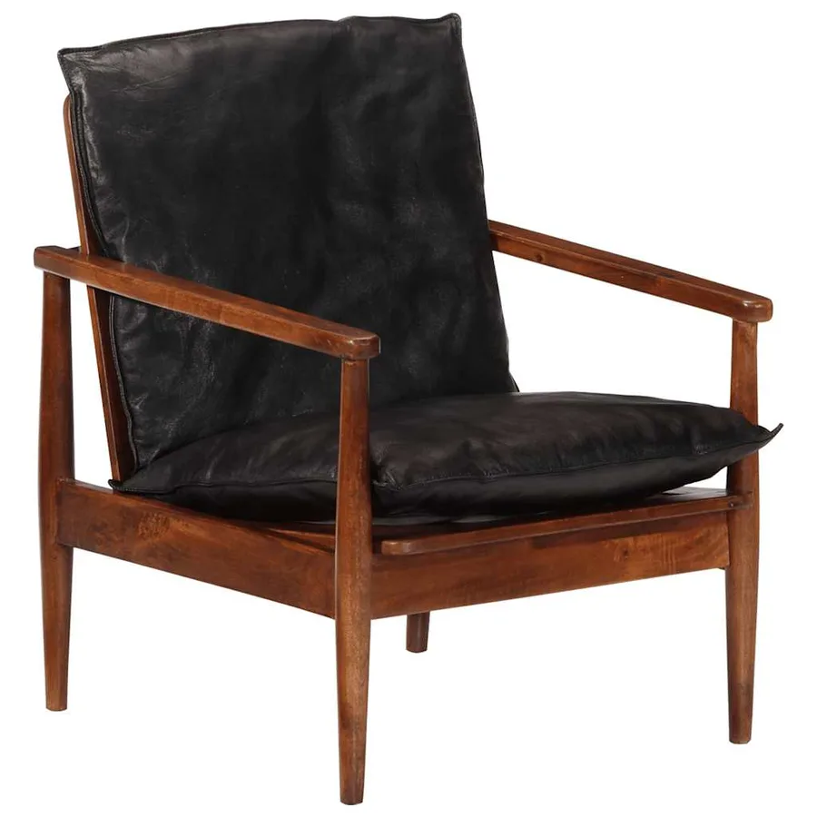 Fauteuil noir cuir véritable et bois d'acacia solide - 5