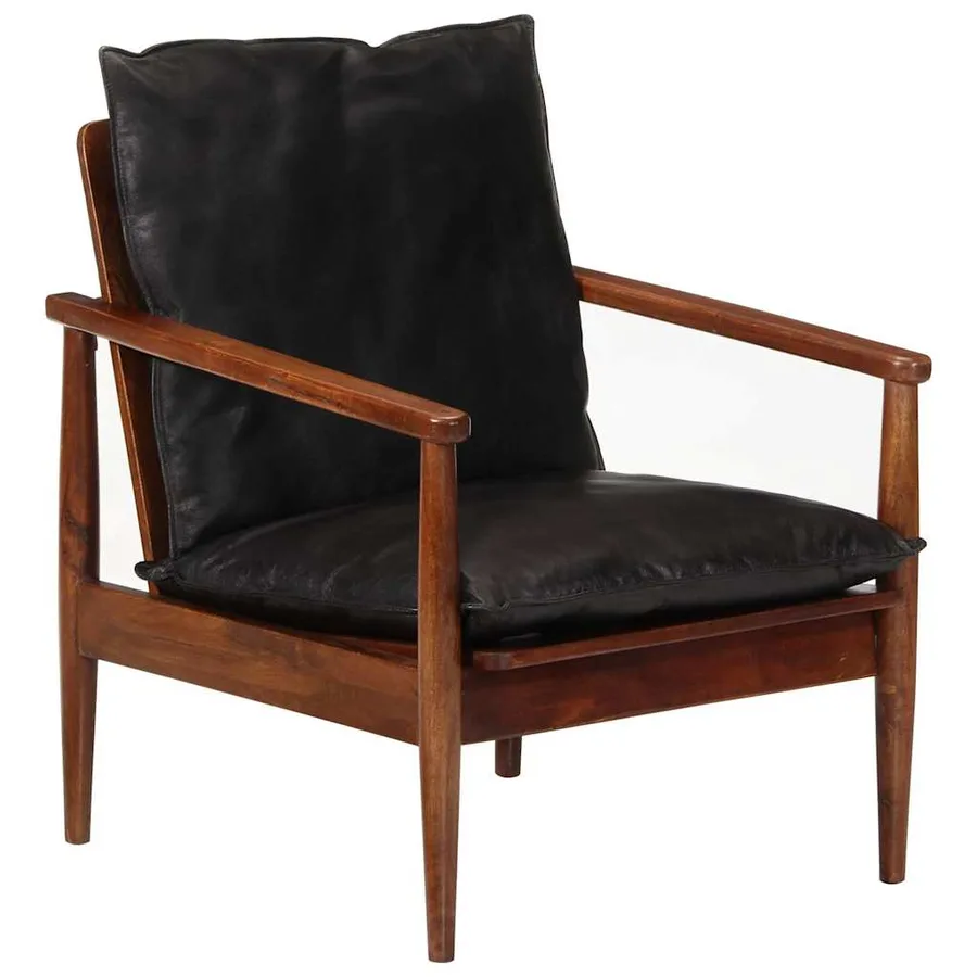 Fauteuil noir cuir véritable et bois d'acacia solide - 8