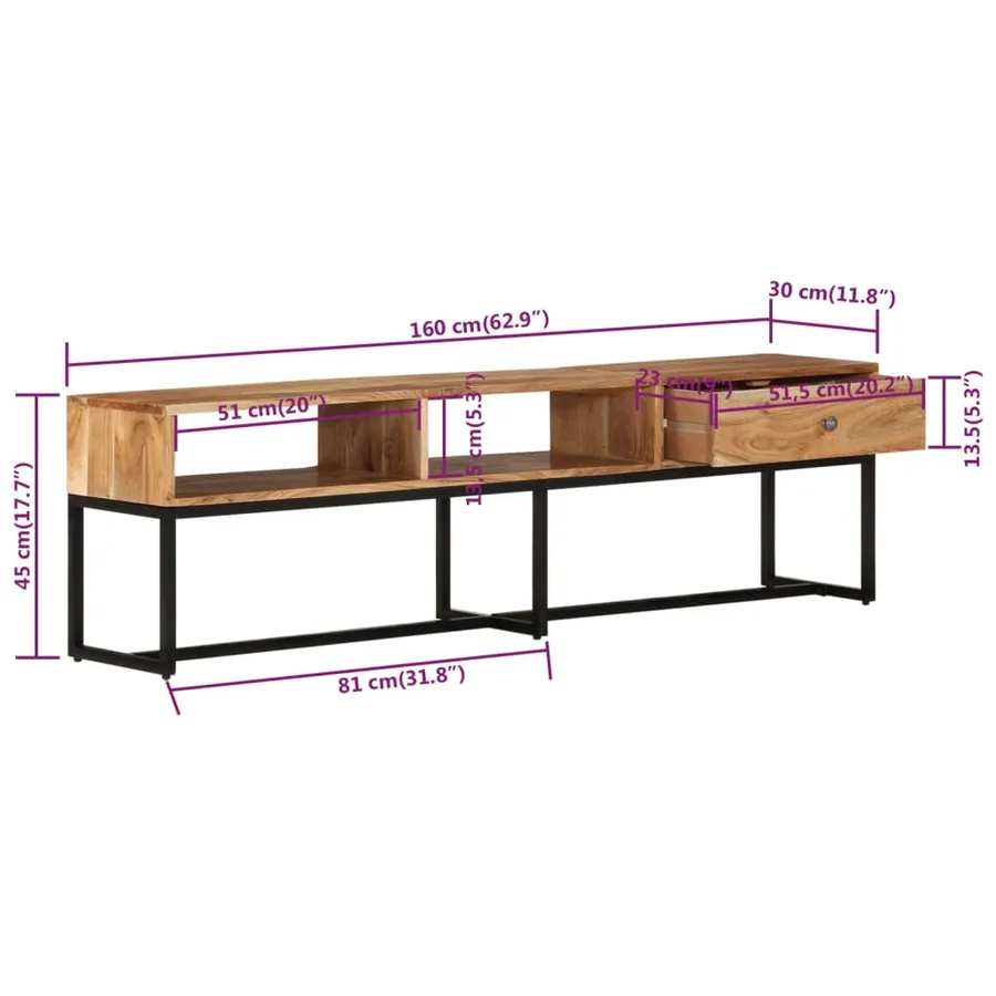 Meuble TV 160x30x45 cm Bois d'acacia massif - 8