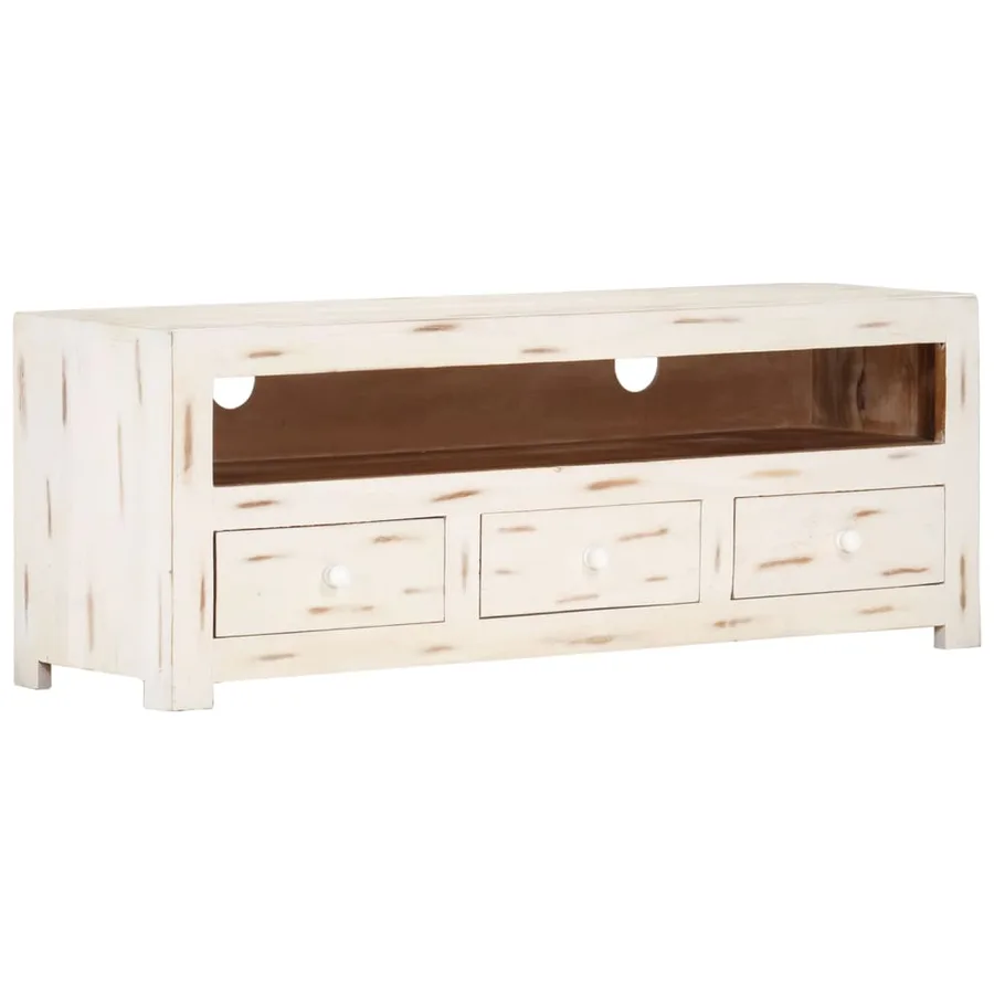 Meuble TV Bois massif d'acacia 110x30x40 cm Blanc - 11